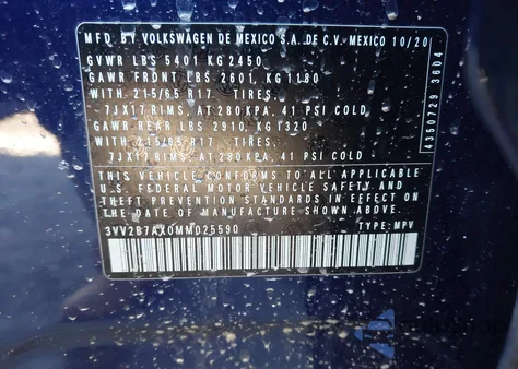 2021 Volkswagen Tiguan 2.0T Se/2.0T Se R-Line Black/2.0T Sel from USA, damaged, VIN 3VV2B7AX0MM025590